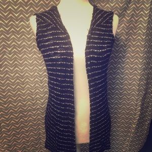 Navy and white stripe sweater vest with hood.